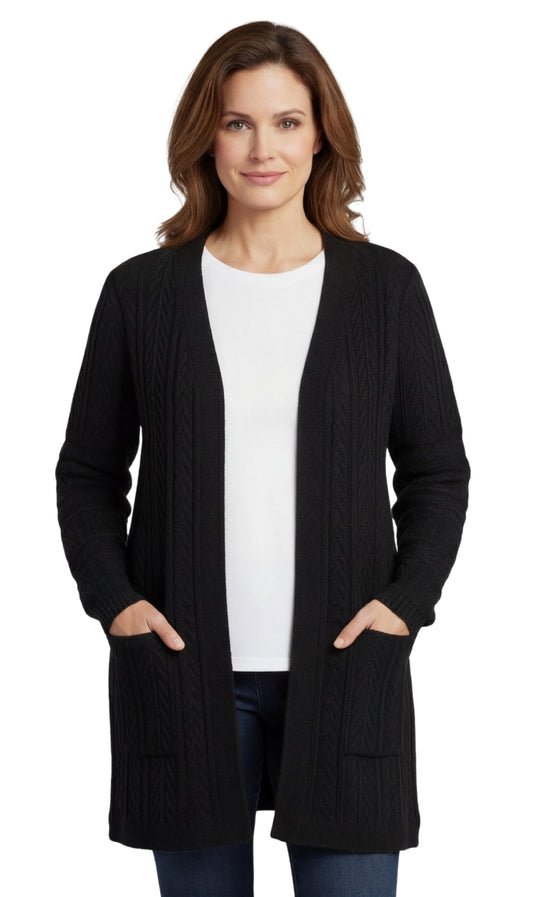 Women's Cable Knit Duster Cardigan with Pockets — Open Front Longline