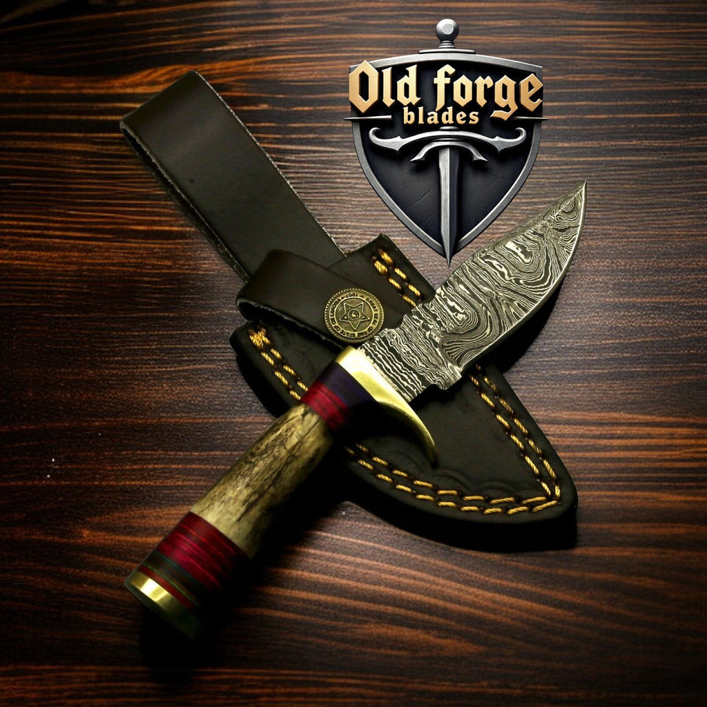 Custom Handmade Damascus Hunting Knife with Stag Antler Handle