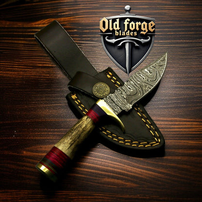Custom Handmade Damascus Hunting Knife with Stag Antler Handle
