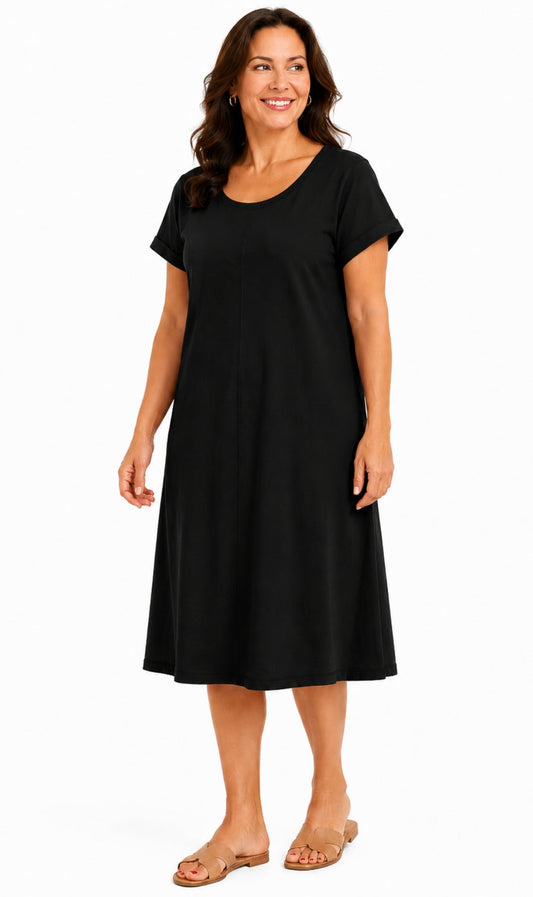 Women's Short Sleeve A-Line Knit Dress — Scoop Neck Asymmetrical Hem