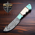 Damascus Steel Hunting Knife with Gut Hook - Handmade Resin & Bone Handle
