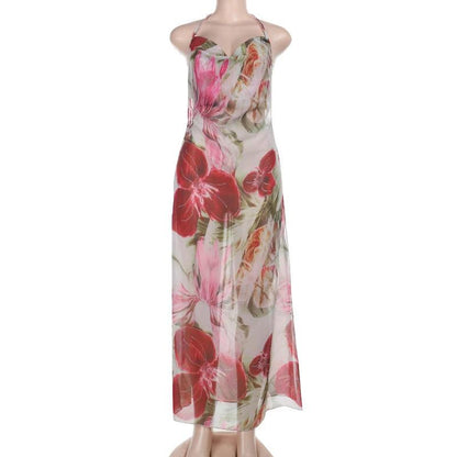 See-through Print Holiday Dress Ladies