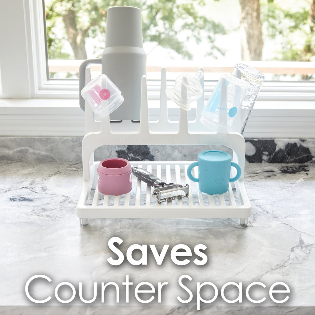 PopYum Glacier White Space Saving Drying Rack from 100% Recycled Bottles, countertop for Baby Bottles, Plastic Bags, Cups, Glass, tumblers, Compact