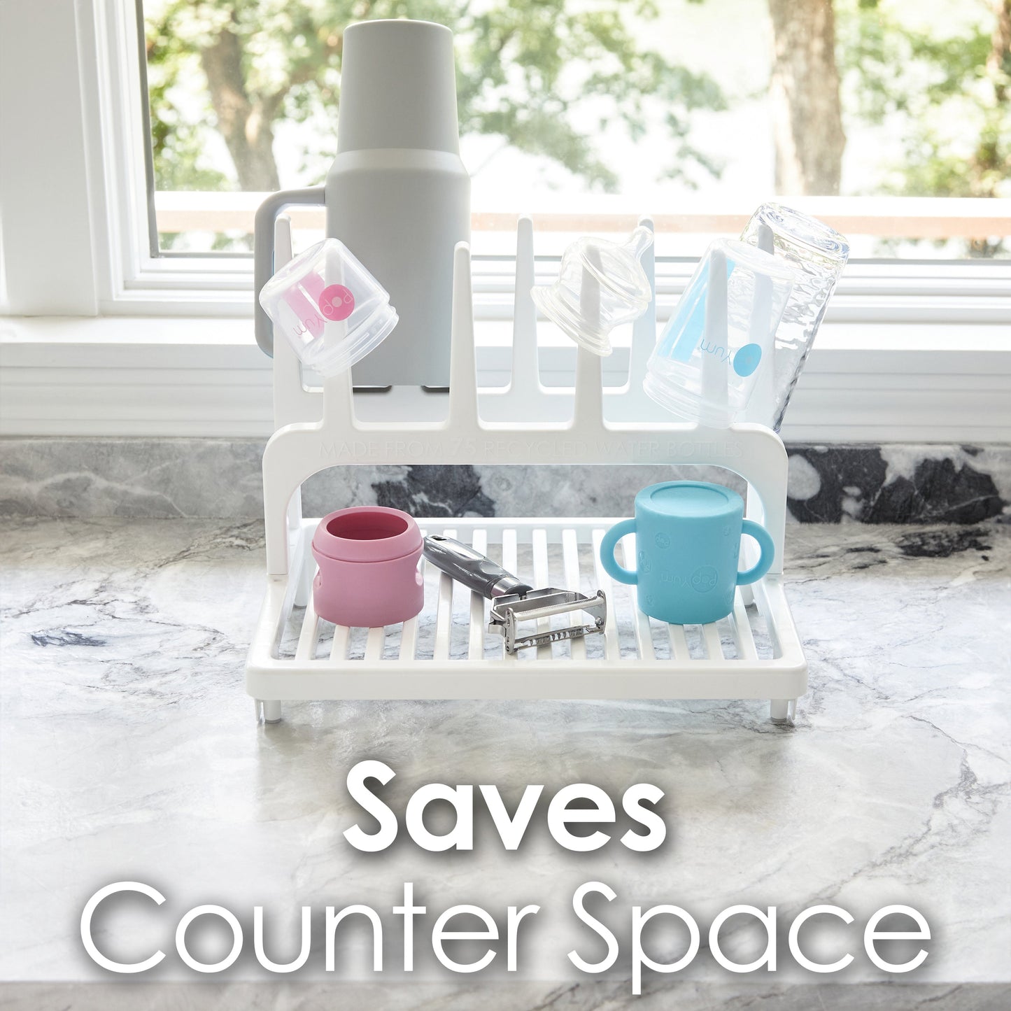 PopYum Glacier White Space Saving Drying Rack from 100% Recycled Bottles, countertop for Baby Bottles, Plastic Bags, Cups, Glass, tumblers, Compact