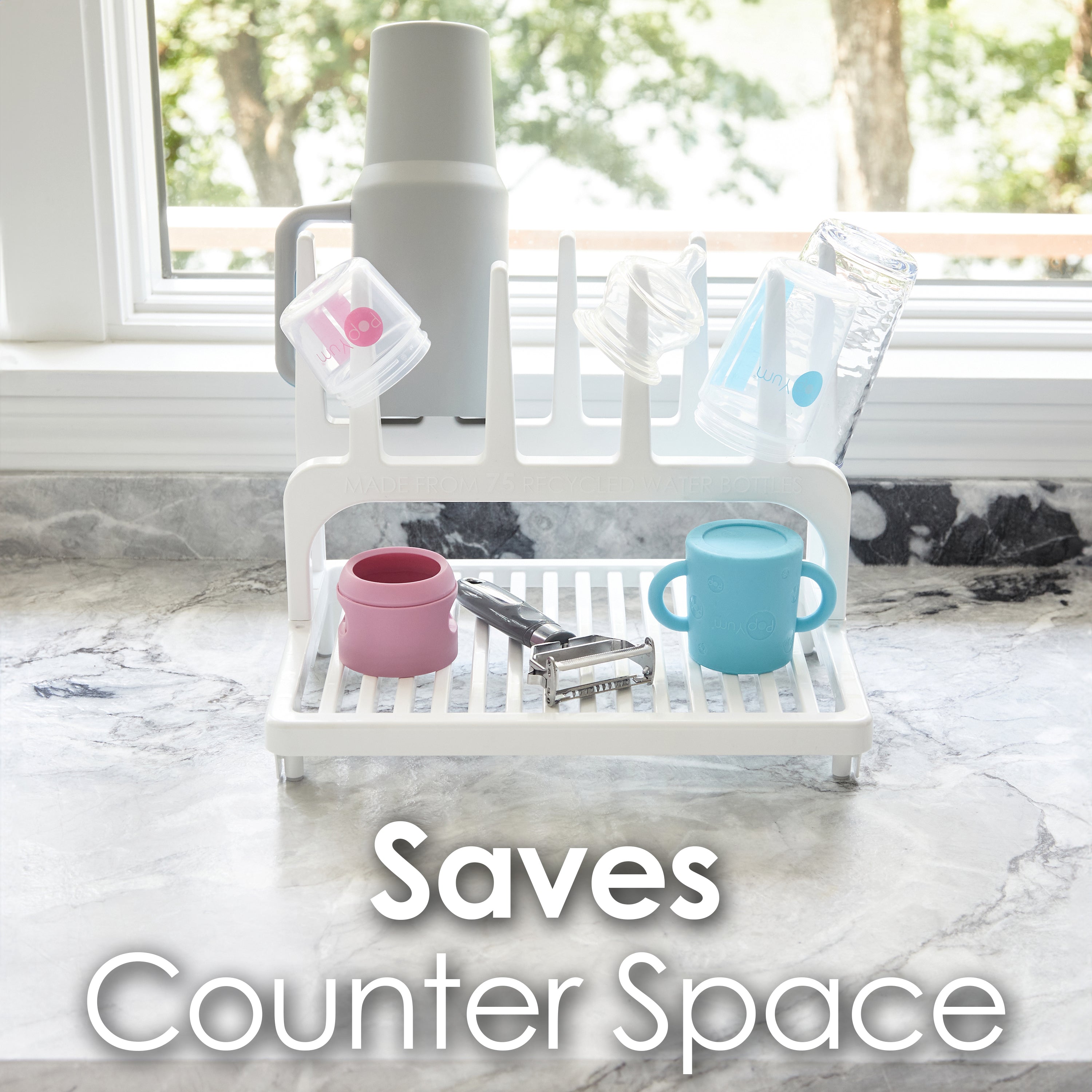 PopYum Glacier White Space Saving Drying Rack from 100% Recycled Bottles, countertop for Baby Bottles, Plastic Bags, Cups, Glass, tumblers, Compact
