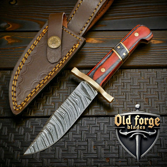 Premium Damascus Steel Hunting Knife - Handmade Fixed Blade with Hardwood Handle & Brass Bolster