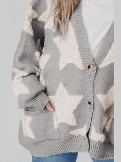 Women Star Button Up Long Sleeve Cardigan