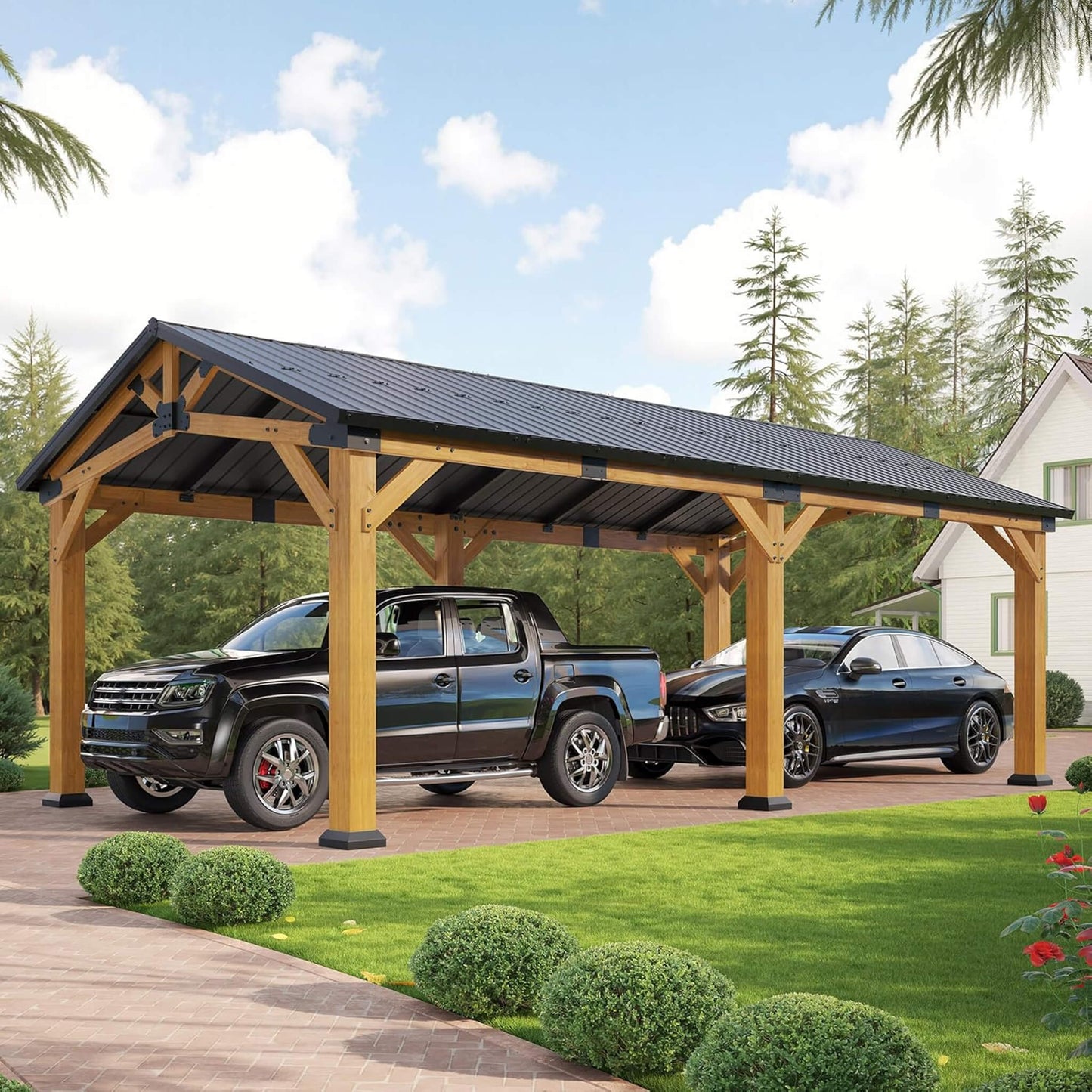 [12X24FT] Alora Large Heavy-Duty Outdoor Cedar Wood Hardtop Carport With Galvanized Steel Roof (SAK48392)