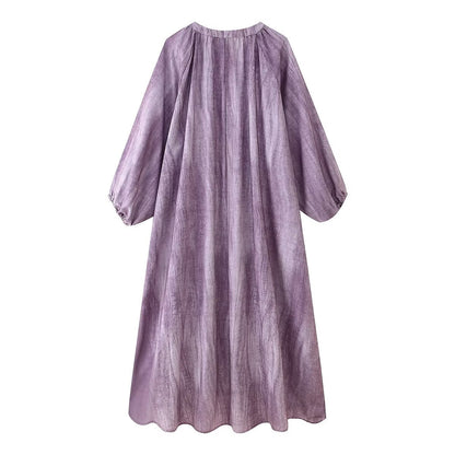 Women Clothing Western Linen Tie Dyed Long Shirt Dress