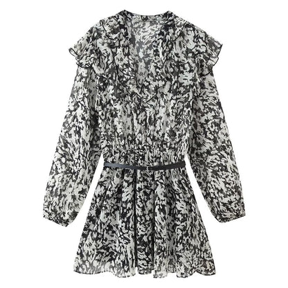 Women Clothing Western with Belt Printed Mini Dress