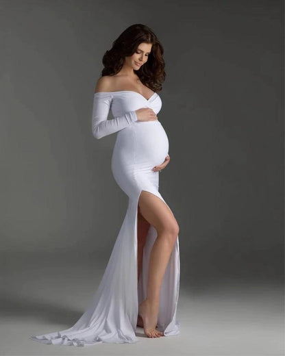 Cotton Maternity V-neck Slit Tail Dress