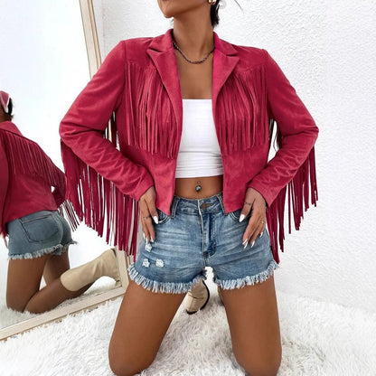 Spring And Autumn Women's V-neck Long Sleeve Fringe Jacket Solid Color Loose Short Coat