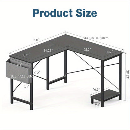 L-Shaped Corner Computer Desk with Storage Pocket | Wooden Home Office / Gaming