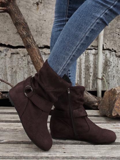 Ankle Boots  Round Toe Buckle Belt Side Zipper Boots