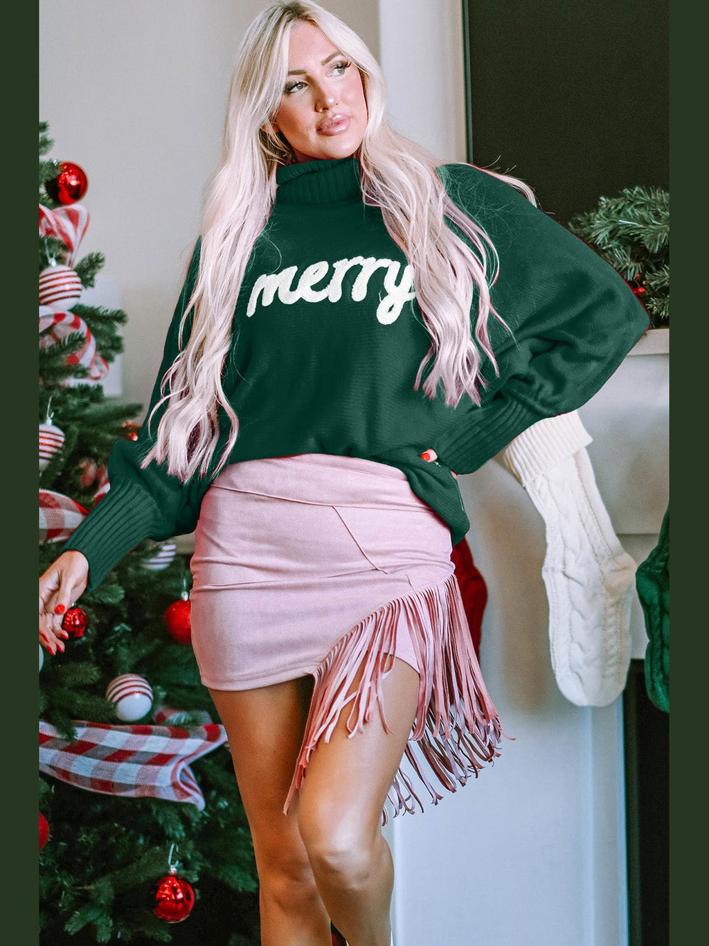 Women Double Take Full Size Merry Christmas Turtleneck Long Sleeve Sweater