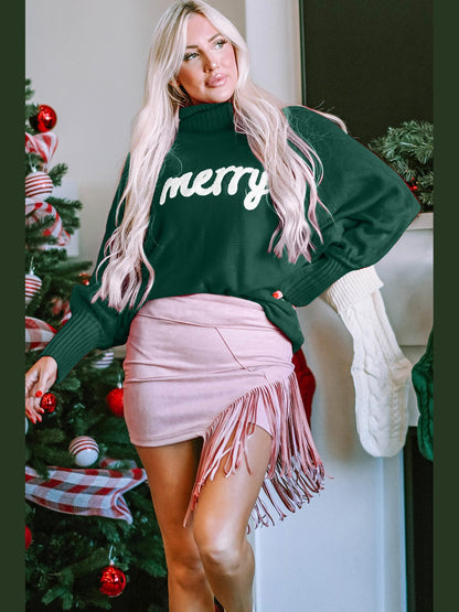 Women Double Take Full Size Merry Christmas Turtleneck Long Sleeve Sweater
