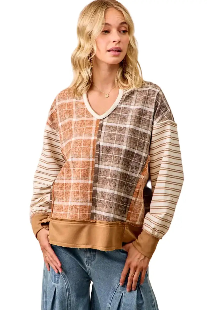 BiBi Plaid And Stripe Mix And Match Top With Open Seam
