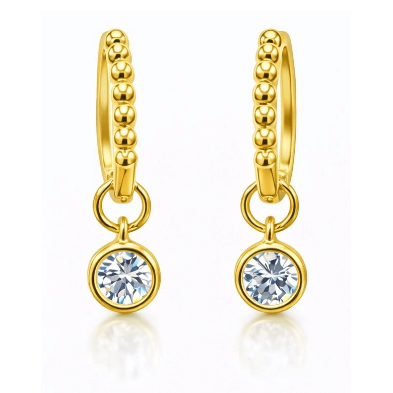 1CTW Created Moissanite Beaded Hoop Drop Earrings in 14kt Gold Over Sterling Silver - Round or Cushion Cut