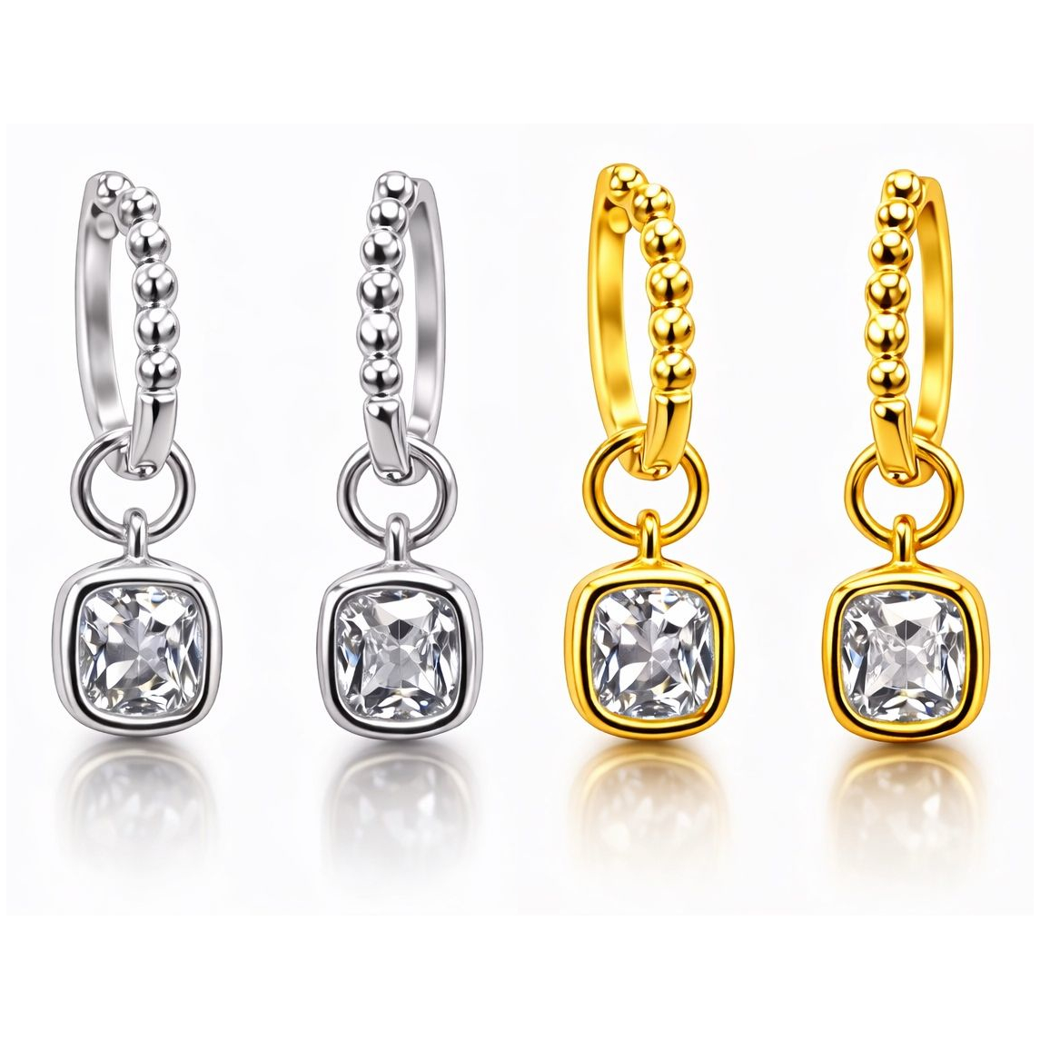 1CTW Created Moissanite Beaded Hoop Drop Earrings in 14kt Gold Over Sterling Silver - Round or Cushion Cut