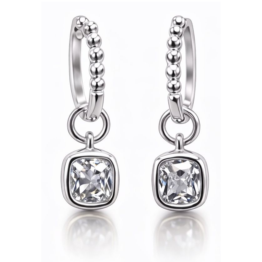 1CTW Created Moissanite Beaded Hoop Drop Earrings in 14kt Gold Over Sterling Silver - Round or Cushion Cut