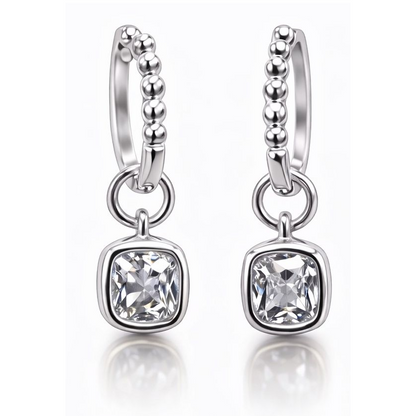1CTW Created Moissanite Beaded Hoop Drop Earrings in 14kt Gold Over Sterling Silver - Round or Cushion Cut