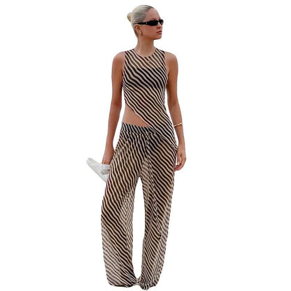 Women's Sleeveless Diagonal Stripes See-through Irregular Top Suit