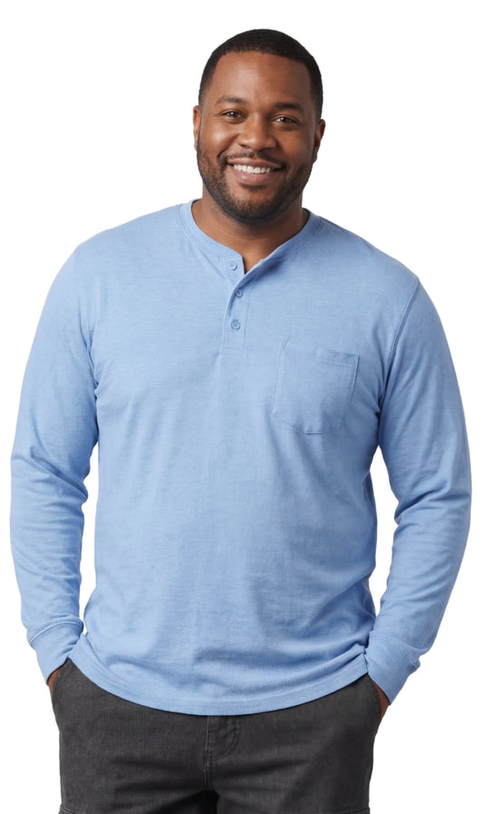 Men's Long Sleeve Henley Shirt — Cotton Blend 3-Button Placket with Pocket