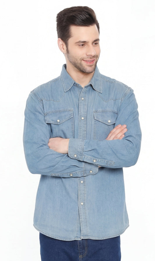 Mens Western Snap Front Button Shirt in Denim and Twill with a Stitched Yoke and Chest Pockets