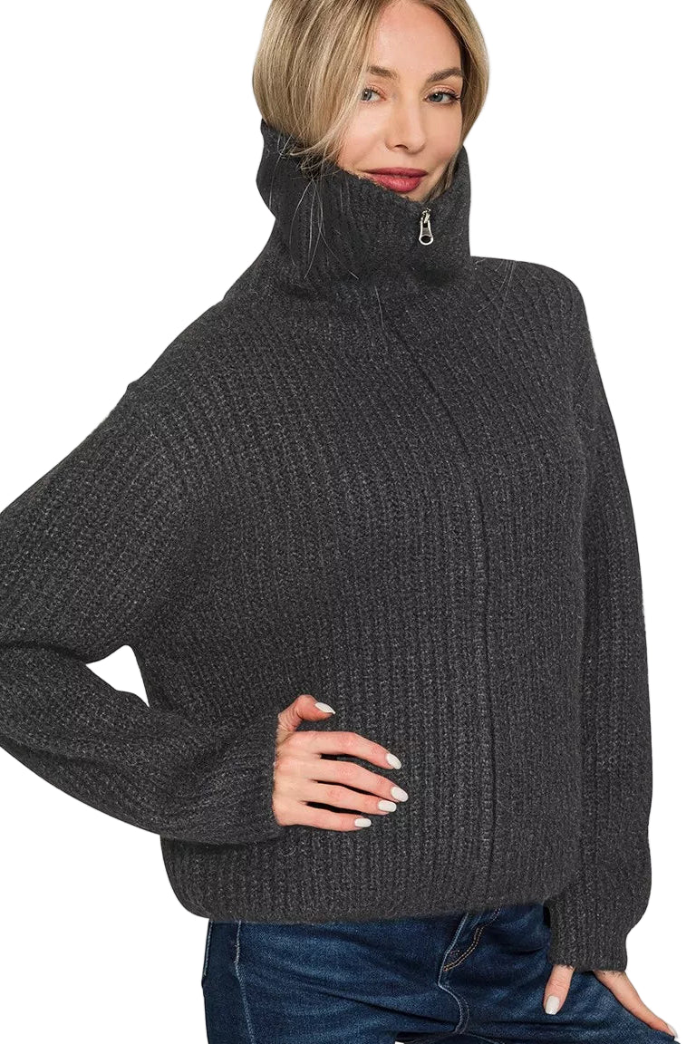 Zenana High Neck Full Zip Sweater Cardigan