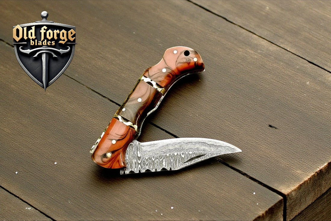 Premium Damascus Pocket Knife – Handmade EDC Knife with Resin Handle