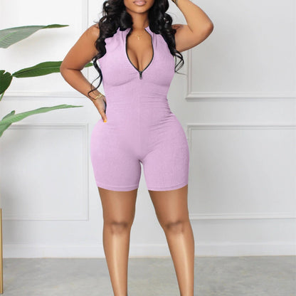 Women's Casual Sleeveless Candy Multi-color Zipper Jumpsuit