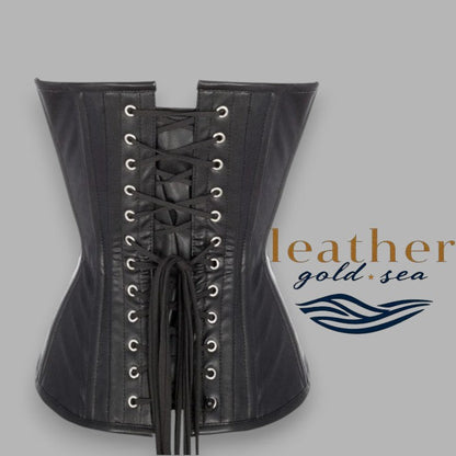 Black Leather Overbust Corset with silver studs – Handcrafted & Steel Boned