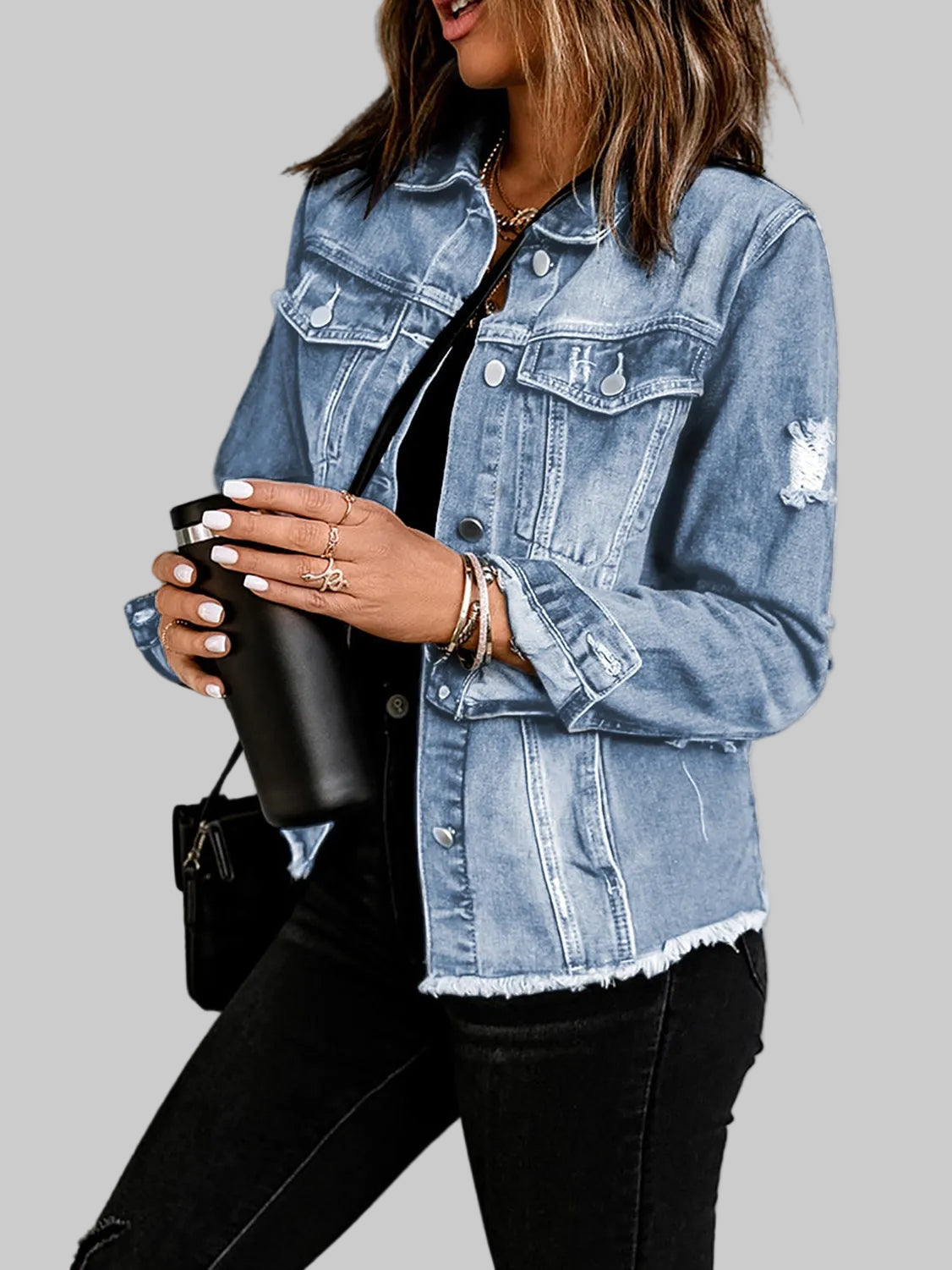 Distressed Raw Hem Denim Jacket