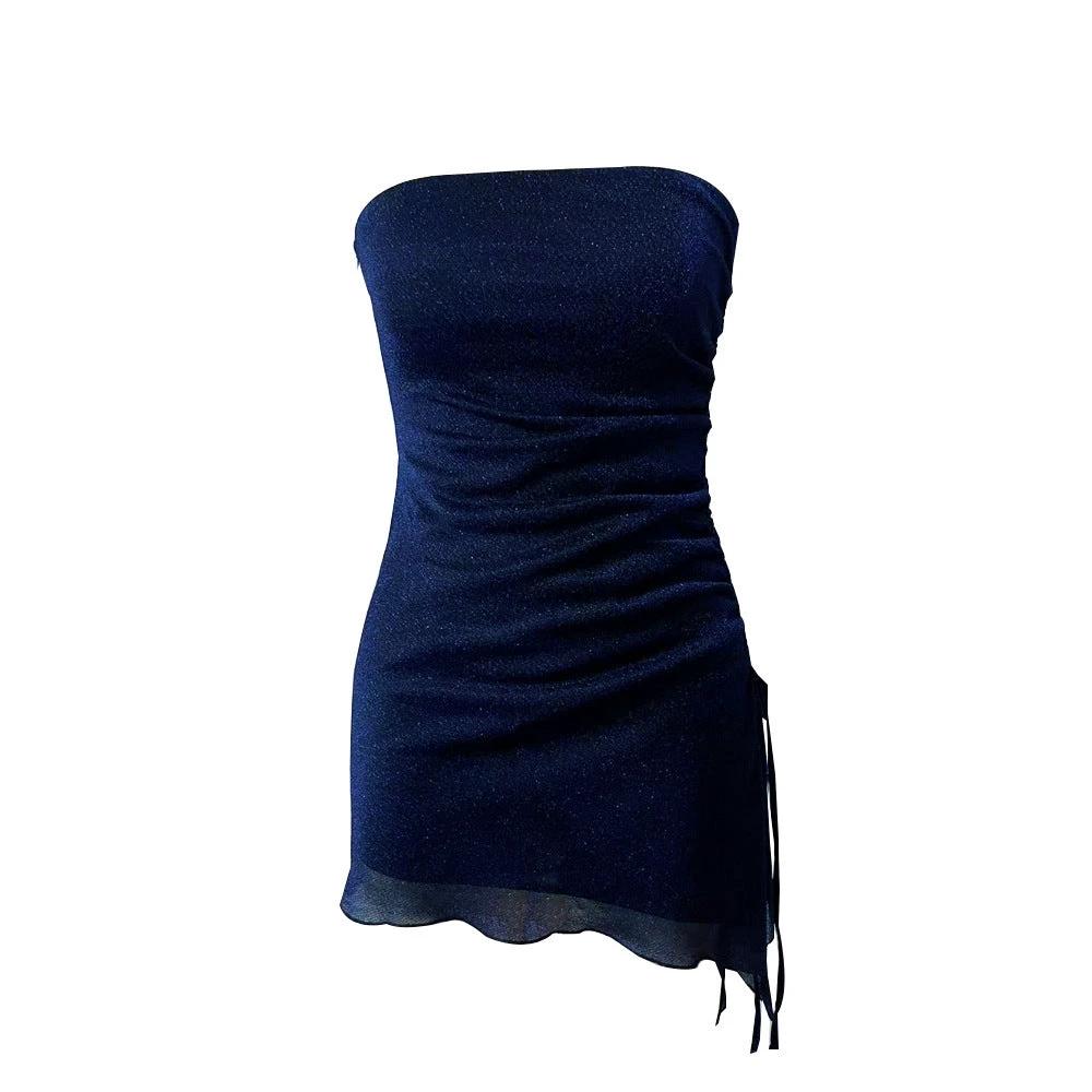 Ins Tube Top Dress With Drawstring Design Summer Backless Dresses For Women Party Club Clothing