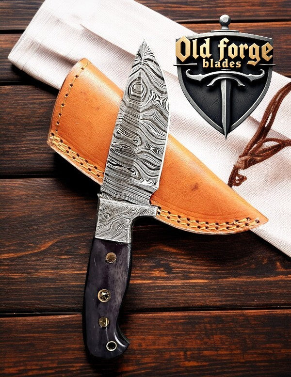 Custom Handmade Damascus Auto Knife – Hunting Blade with Camel Bone Handle