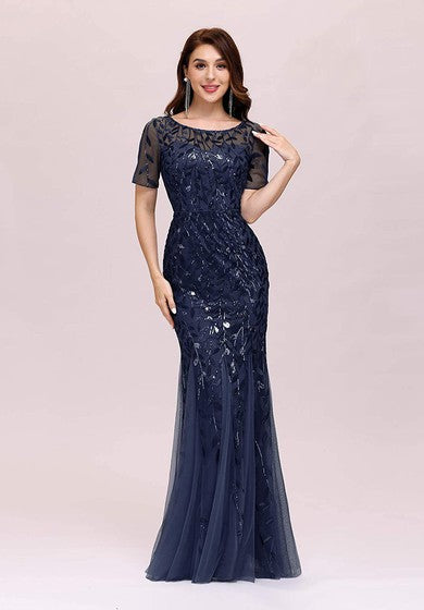 Tulle Sequins Floor-length Mermaid Short Sleeve Vintage Modest Dress with Pleats