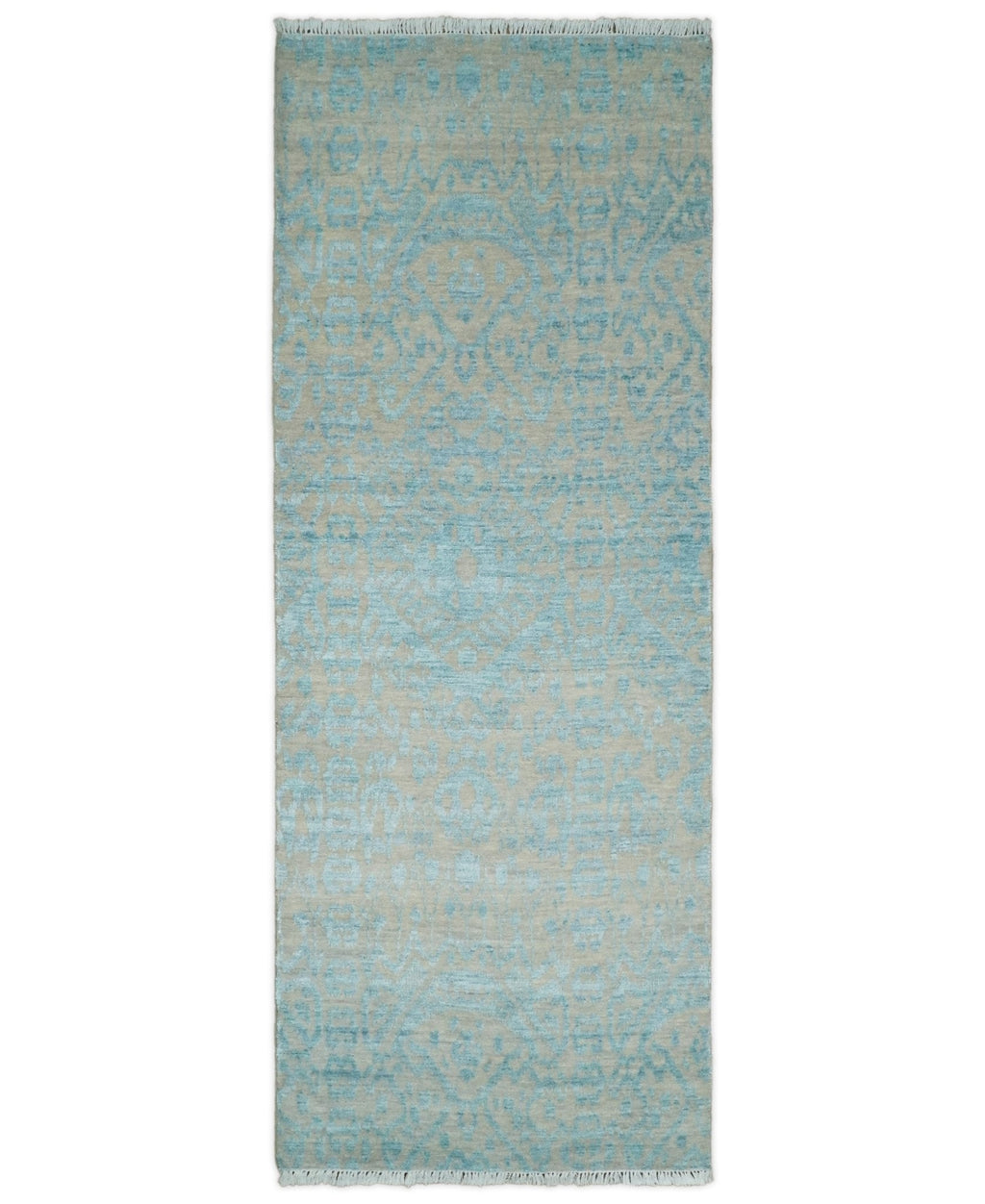 2.6x8 Fine Hand Knotted Camel and Blue Traditional Persian Style Antique Wool and Silk Rug