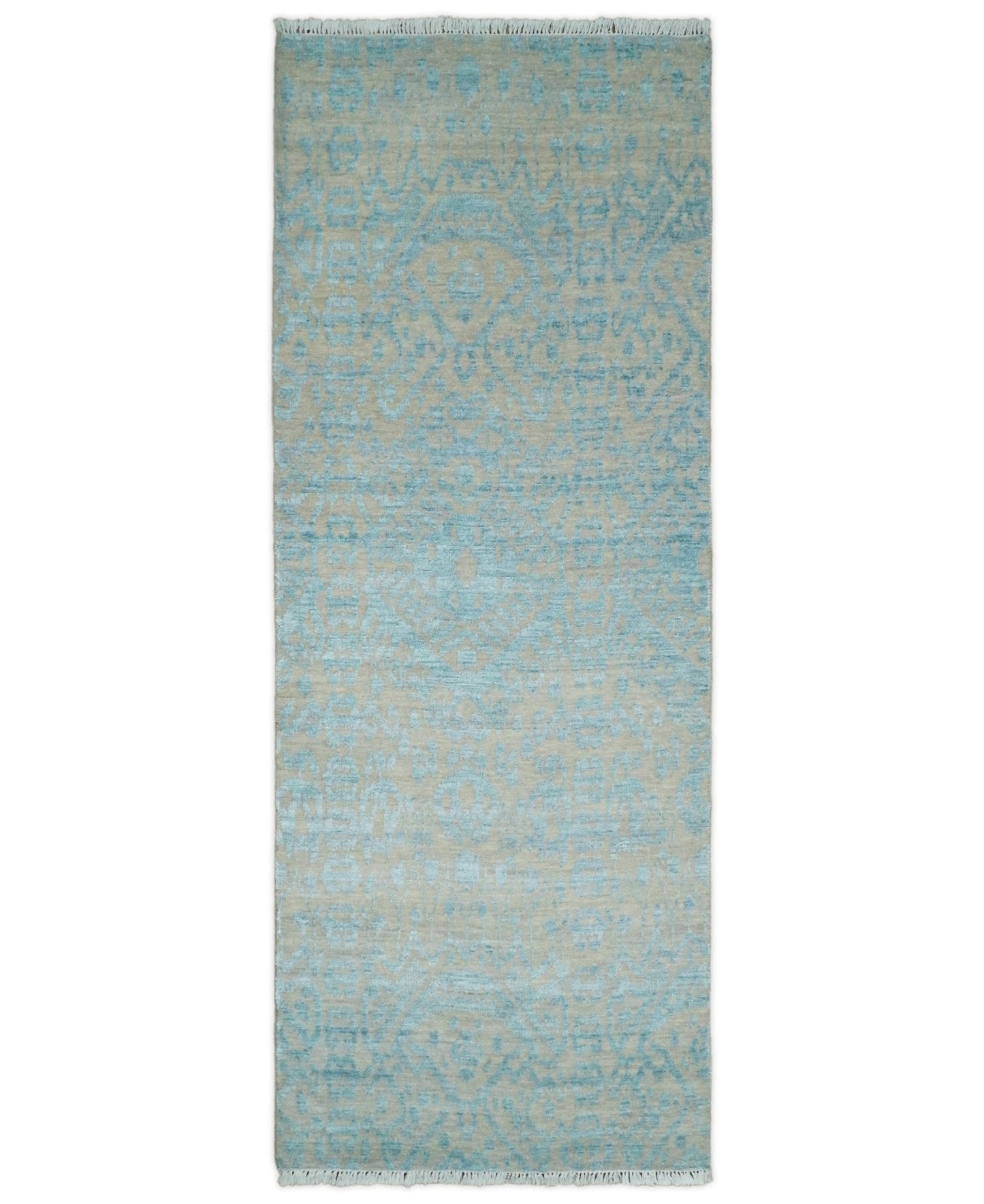 2.6x8 Fine Hand Knotted Camel and Blue Traditional Persian Style Antique Wool and Silk Rug