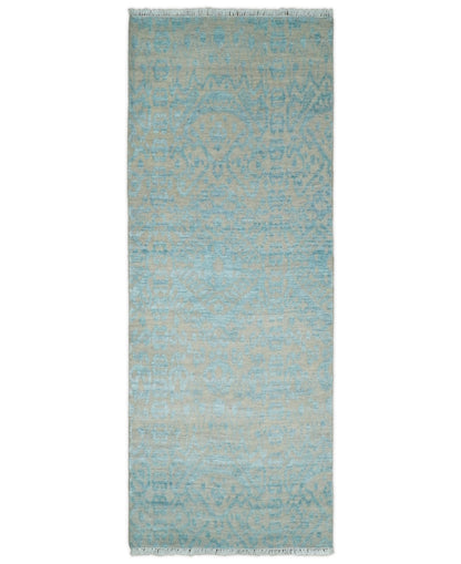 2.6x8 Fine Hand Knotted Camel and Blue Traditional Persian Style Antique Wool and Silk Rug