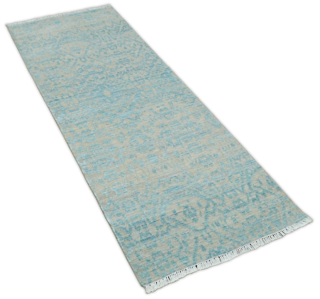 2.6x8 Fine Hand Knotted Camel and Blue Traditional Persian Style Antique Wool and Silk Rug