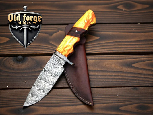 Handmade Damascus Fixed Blade Hunting Knife – Olive Wood Handle