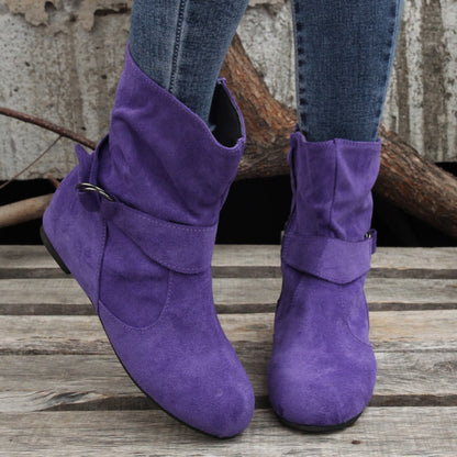 Ankle Boots  Round Toe Buckle Belt Side Zipper Boots