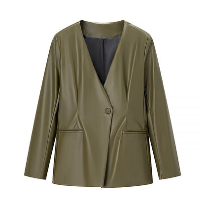 Women's Long-sleeved V-neck Leather Jacket
