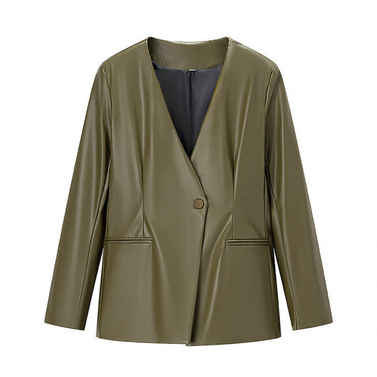 Women's Long-sleeved V-neck Leather Jacket