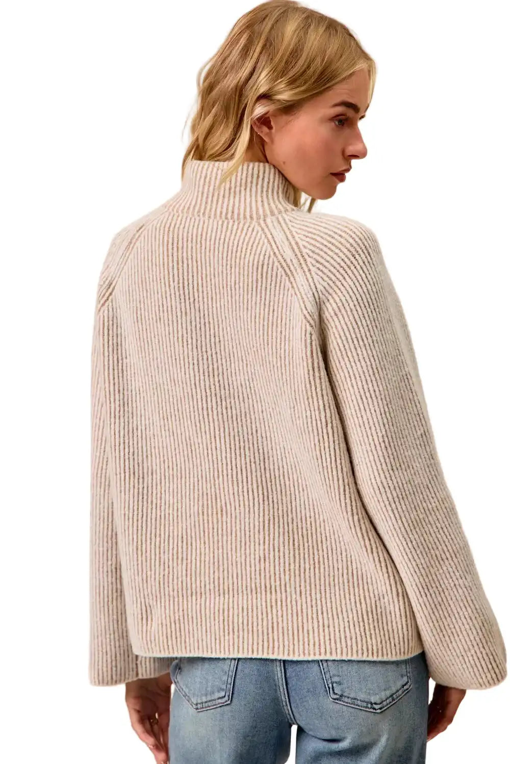 BiBi Two Tone Rib Texured Knit Collared Top with Zip Up
