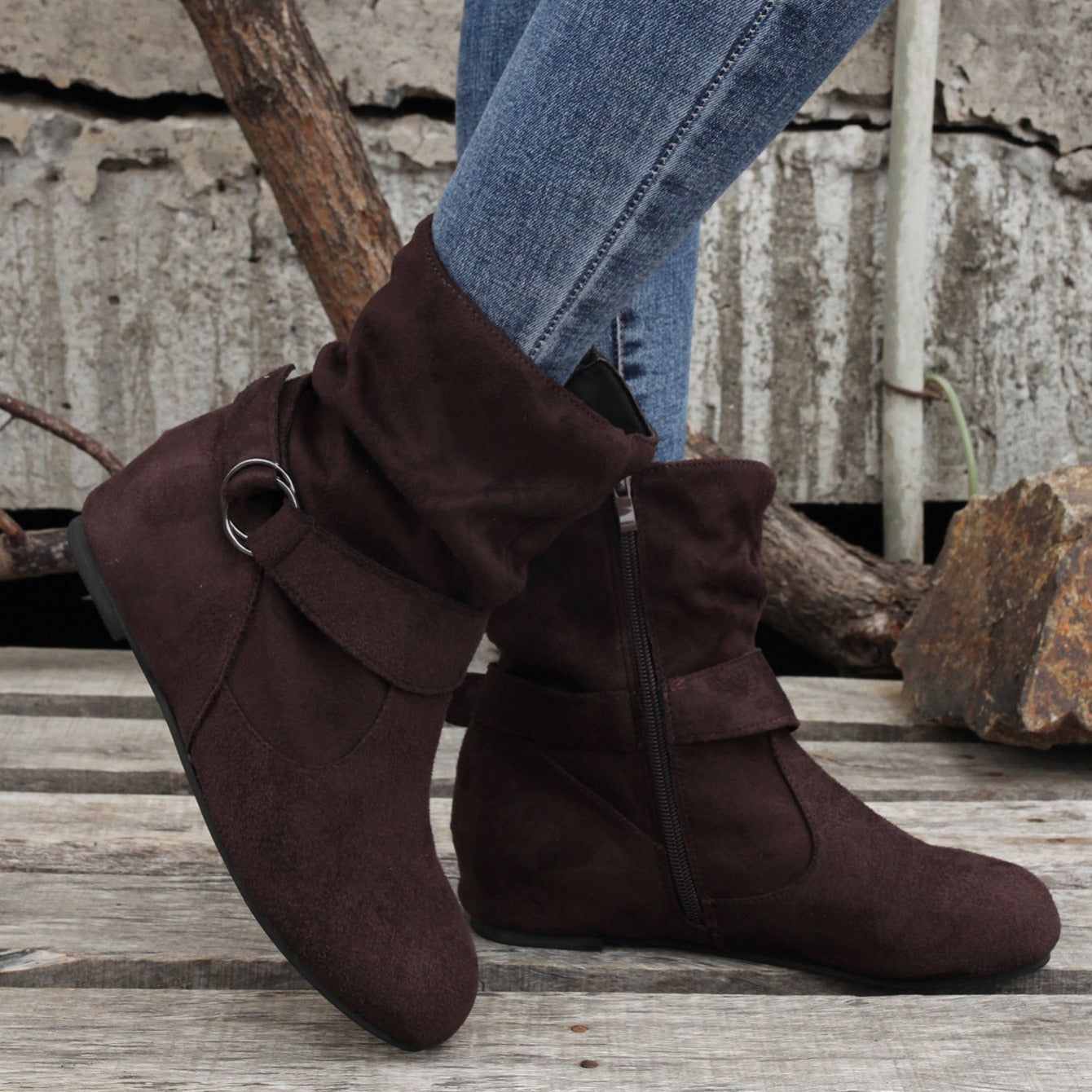 Ankle Boots  Round Toe Buckle Belt Side Zipper Boots