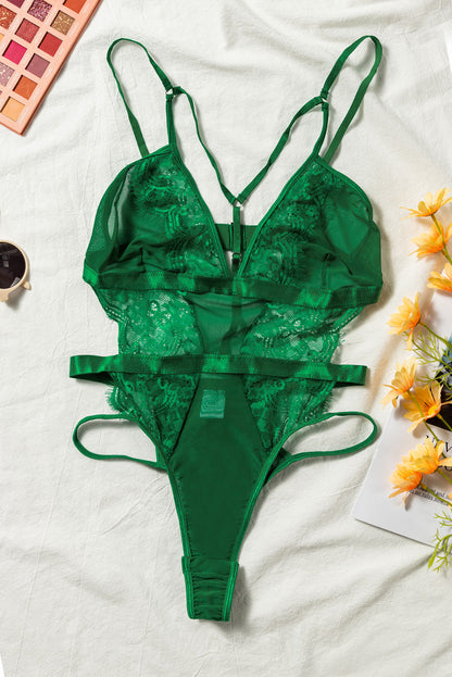 Ladies  Satin , Mesh Teddy with Front Detail at Bust in Blk, Burgundy & Hunter Green