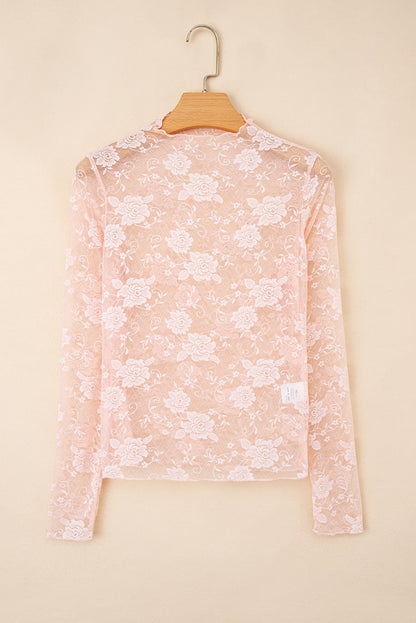 Myla Sheer Floral Lace Mesh Mock Neck Long Sleeve Top