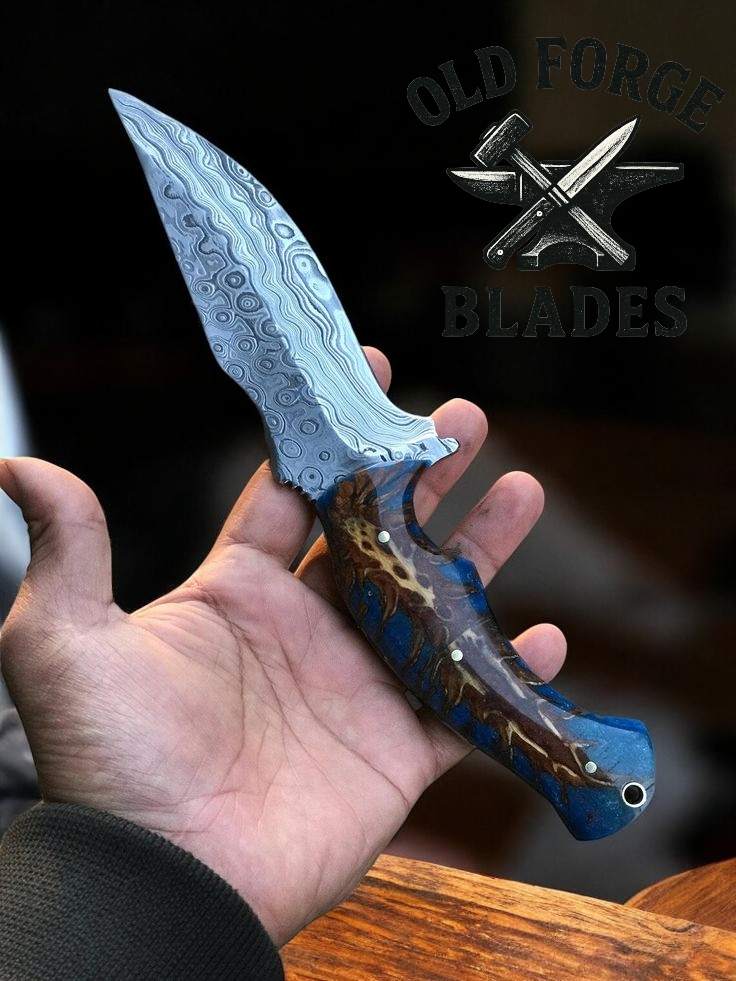 Handmade Damascus Steel Knife with Blue & Brown Resin Handle