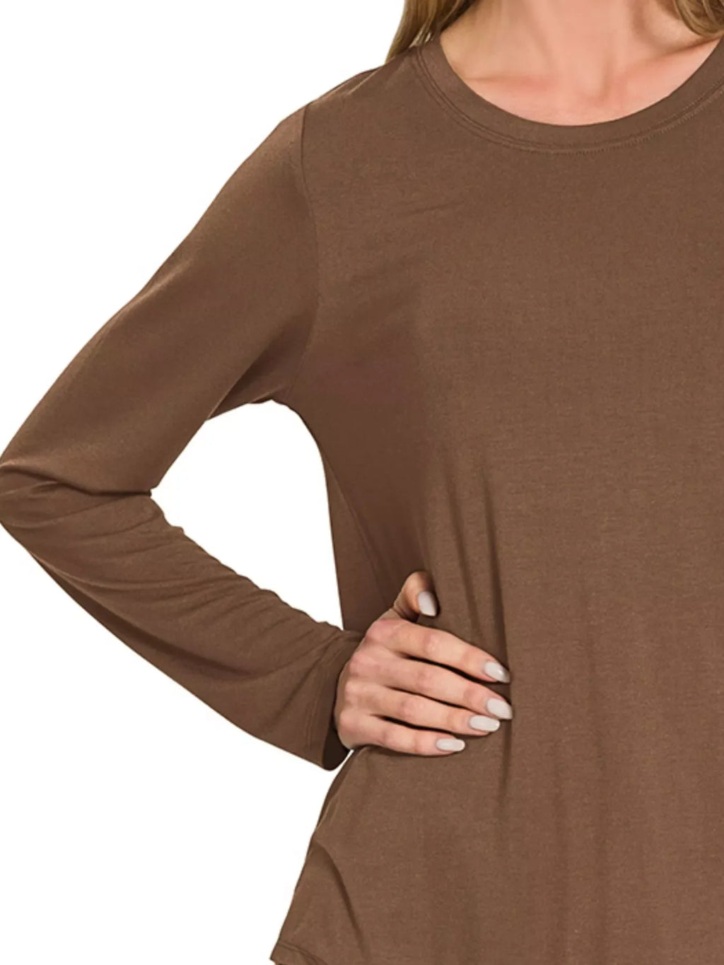 Zenana Flowy Round Hem Rayon Long Sleeve Top